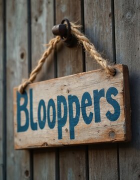 Old wooden sign with Bloopers text hangs on rustic timber wall. Natural rope connects sign to metal hook, weathered surface suggests age and use.