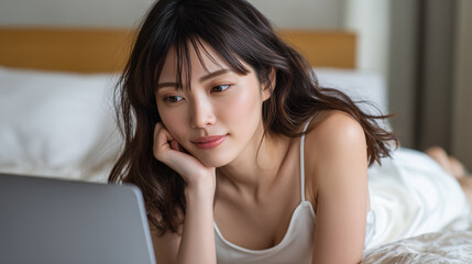 Obraz premium Relaxed woman using laptop on bed at home