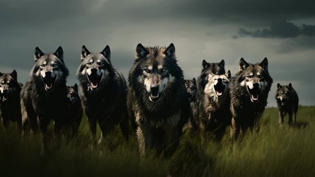 Wolf pack approaching in dramatic landscape