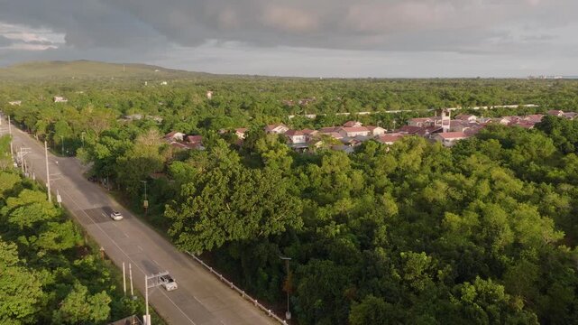 Cars travel steadily along Dauis Panglao National Road through greenery, aerial angled dolly over forest