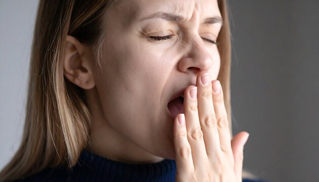 A close-up shot of a fair-skinned woman yawning widely, covering her mouth with her hand. Her eyes are closed