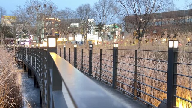 Daegu, South Korea, February 8, 2026; Winter Walk on Wooden Bridge at Suseongmot Lake, Daegu South Korea at Dusk