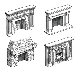 Fototapeta premium Four unique fireplace mantel designs vector illustration, vintage-style fireplaces and mantels with different stone brick patterns