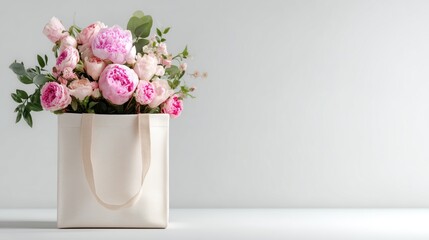 Naklejka premium Focus on Growth and Efficiency with a Minimalist Pastel Floral Arrangement in a Canvas Tote Bag