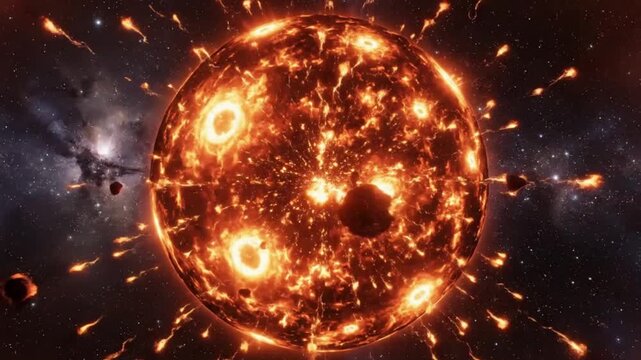 Fiery supernova explosion erupts violently across deep space radiating intense orange light and celestial energy in a dramatic cosmic event.