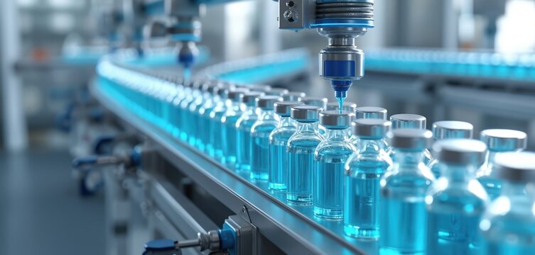 Automated pharmaceutical plant fills vaccine vials on a conveyor belt. Robotic arm dispenses liquid into glass ampoules for mass drug production. Modern factory processes medicine.