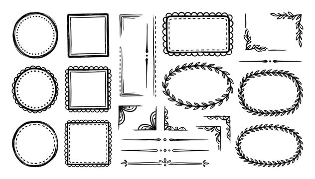 Hand drawn frames borders vector set, circle square corner frame design elements, rustic decorative doodle frames collection