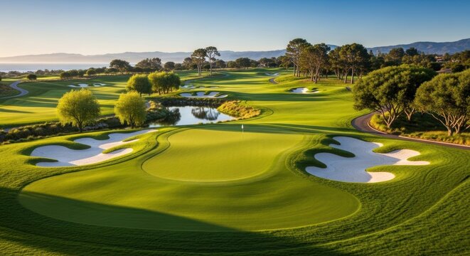 Scenic golf course with green fairways sand traps and a pond under a clear sky