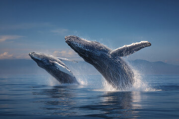 Fototapeta premium Humpback whale mother and calf breaching together in ocean with water splashing under clear blue sky, showing powerful marine life in synchronized leap