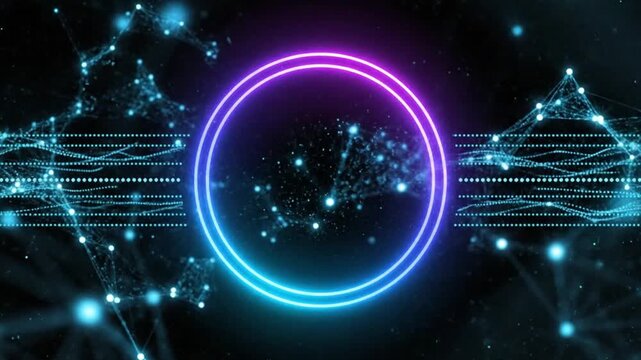 Abstract glowing neon circle with blue and purple gradients illuminates a complex digital data network with interconnected points against a dark background representing technology.