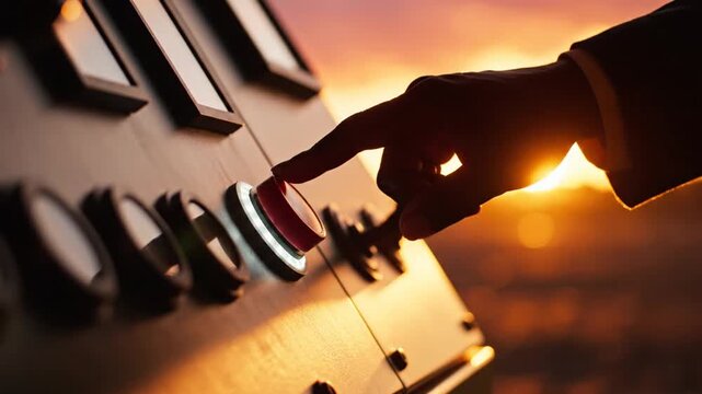 Silhouetted hand pressing a red button on a control panel during dramatic golden sunset light.