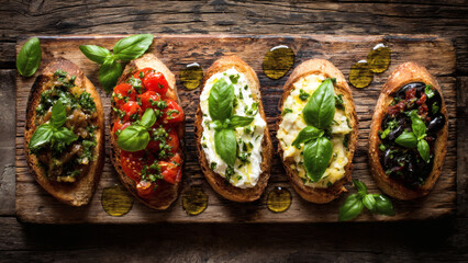 A colorful flat lay of various bruschettas topped with different ingredients on a rustic wooden board, viewed from directly above.