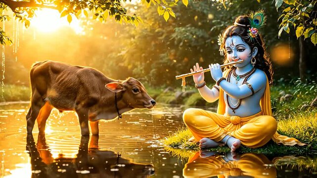 Little krishna plays the bansuri near a calf in a golden, spiritual forest, captured in a stunning illustration.