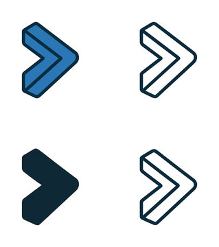Isometric arrow icon in four style variations, solid and outline arrow forward navigation vector illustration