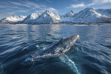 Naklejka premium Humpback whale surfacing in cold ocean water near snow covered mountain range under blue sky with clouds, creating dramatic and serene natural scene
