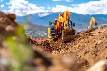 Obraz premium Excavation Activity with Heavy Machinery on Broad Land under Blue Sky