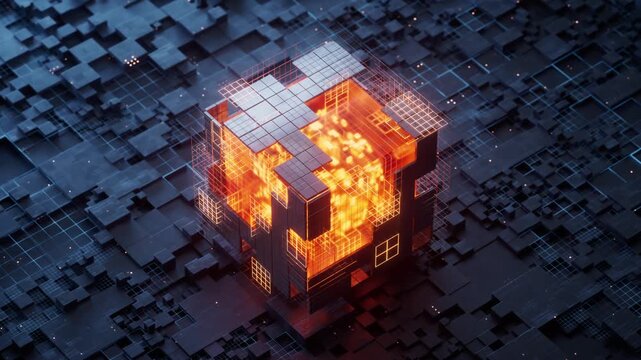Futuristic digital data cube processing with glowing orange core and shifting metallic blocks on dark grid background