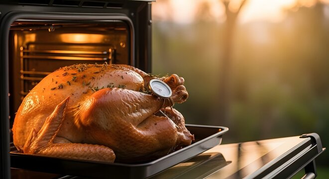 Golden brown roasted turkey with a thermometer inserted, cooking in an oven outdoors.