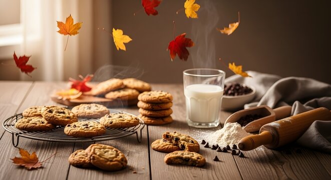 Warm chocolate chip cookies with milk and falling autumn leaves on a rustic wooden table
