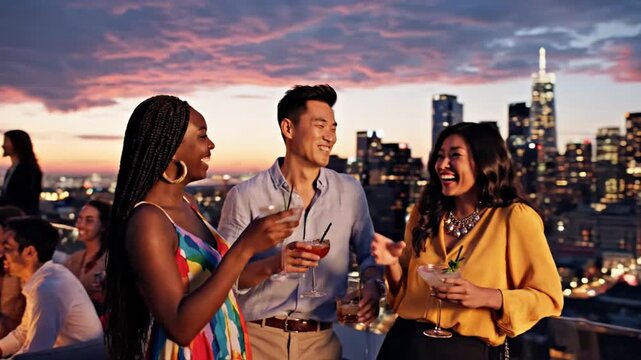 Friends enjoying the sunset together on the rooftop while drinking together