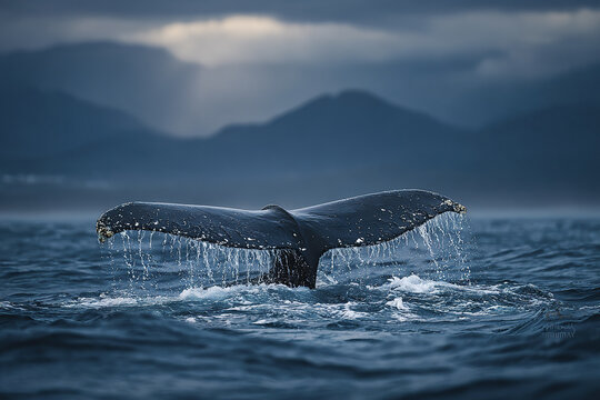 Humpback whale tail fluke rising above ocean surface water with droplets falling, set against moody sky and distant mountain silhouette, evoking serene and majestic marine scene