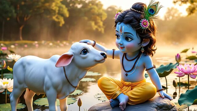 A serene digital illustration of little krishna gently petting a white calf in a sunlit, lush forest pond.