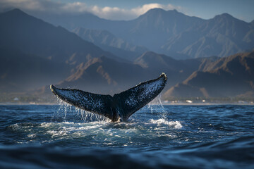 Obraz premium Humpback whale tail fluke rising above ocean surface with water droplets falling, set against backdrop of misty mountains under cloudy sky, evoking serene natural scene