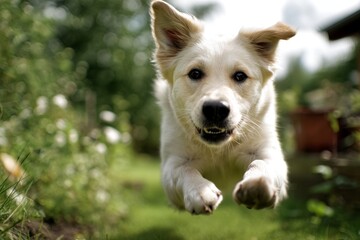Energetic Dog in Mid-Air Leap Captured Against a Lush Green Background