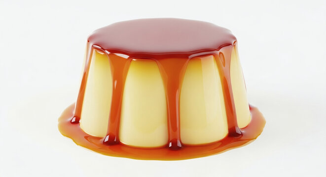 Brazilian condensed milk flan pudim isolated on white background, glossy caramel texture