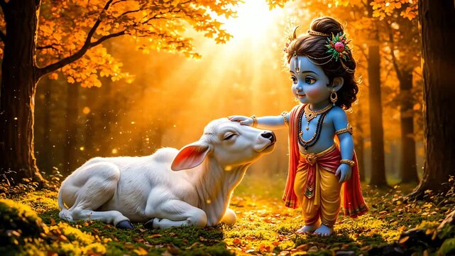 A stylized rendering of little krishna gently petting a white calf in a warm, sunny forest grove.