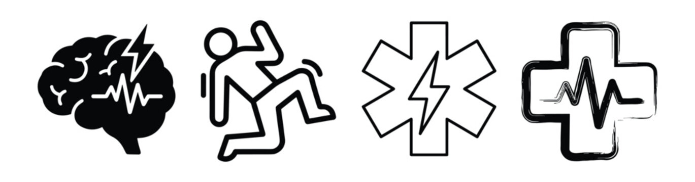 Medical Icons Set Brain Seizure, Falling Person, Star Life, Cross with Heartbeat Line Vector