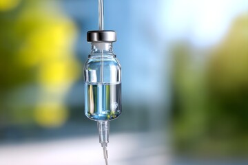 Clear IV Drip Bottle Hanging Still in Bright Natural Setting Background