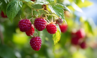 dew-kissed raspberries hanging from the branches, their glossy red surfaces glistening in the sunlight, creating an enchanting and inviting scene.