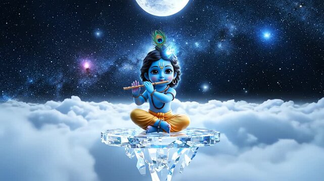 Cute 3d little krishna playing the flute on a crystal platform under a serene, dark blue starry sky.