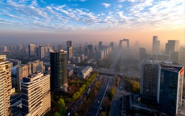 Obraz premium Aerial View of Beijing City Under Smog and Pollution at Sunrise