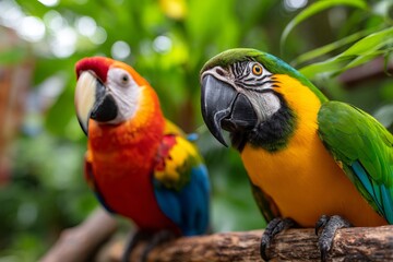 Vibrant Macaws Perched in Lush Jungle Environment Capturing Tropical Beauty