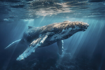Fototapeta premium Humpback whale underwater near surface with sunlight shimmer creating serene and majestic ocean scene full of natural beauty and calmness