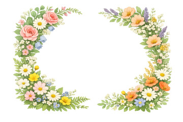 Fototapeta premium Floral wreath creating a spring garden frame with watercolor roses, daisies, and various wildflowers on transparent background