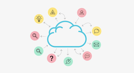 Cloud Computing Network Diagram with Icons and Arrows, Digital Data Flow