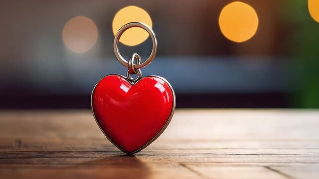 Symbol of Love Red Heart Keychain on Wooden Surface with Warm Bokeh