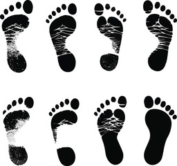 Black foot prints vector icon set representing human tracks walking forward in sand or mud isolated in shilouttee art of white background © MdMasud