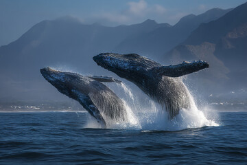 Obraz premium Two humpback whales breaching together in ocean near mountainous coastline, creating splashes and showing powerful movement in dramatic natural scene