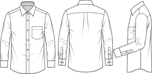 Men long sleeve shirt technical drawing, front back side views, classic button down apparel design, black and white fashion vector illustration © Sayedmohammad