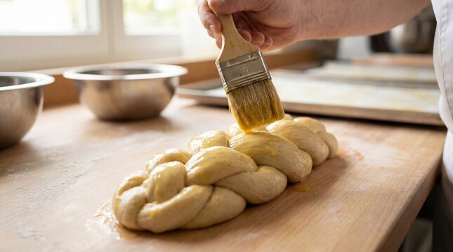 Baker applying egg wash glaze to braided challah bread dough using a pastry brush on a wooden kitchen counter.