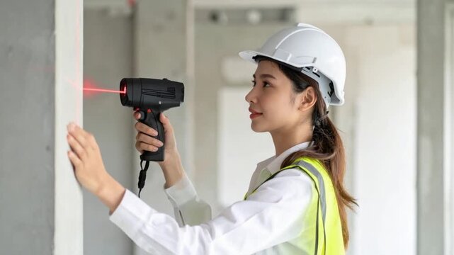Female engineer using laser level for precise measurement on construction site