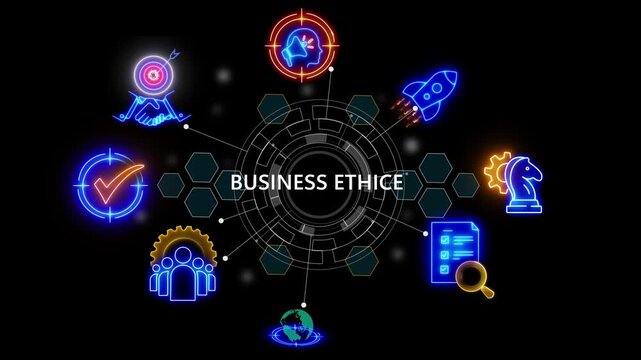 banner of BUSINESS ETHICE concept with icons of competence, marketing, cube glow with and holographic futuristic technology matrix global  glowing 4k video animation