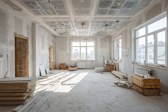 Interior renovation scene with unfinished walls and ceiling, construction materials scattered, natural light from large windows brightens dusty room, evoking sense of progress and transformation