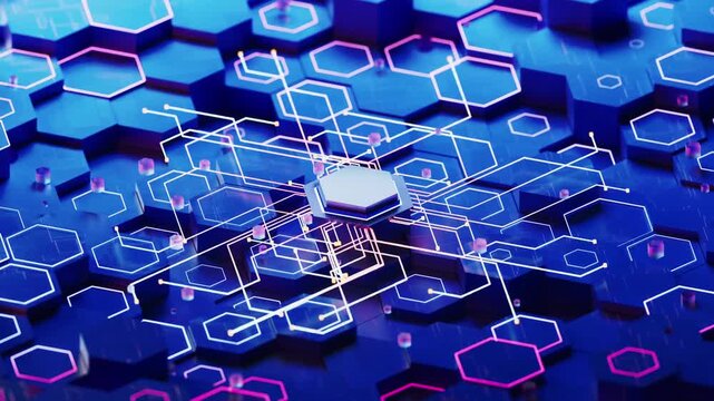 Dynamic futuristic digital network connecting hexagonal grid with central processor, technological innovation concept