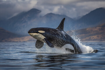 Obraz premium Orca whale breaching ocean water with splash and mountain background under cloudy sky in natural habitat showing powerful marine mammal in action