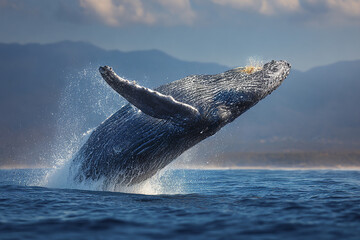 Naklejka premium Humpback whale breaching ocean surface with water splashing around, set against backdrop of distant mountains and cloudy sky, showcasing powerful marine life energy